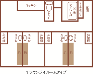 第2学生寮（1ラウンジ4ルームタイプ）間取り